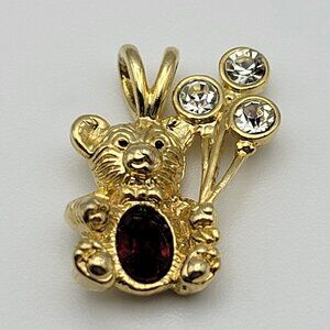DM 99 Gold-Tone Teddy Bear Birthstone Pendant Red And Clear Rhinestone 0.75 Inch
